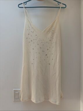 Zara Cream Ribbed Slip Dress with Crystal Accents